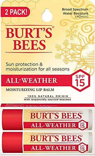Burt&#39;s Bees Valentines Day Gifts, All Weather SPF 15 Lip Balm, Water-Resistant Lip Moisturizer, Tint-Free, Natural Conditioning Lip Treatment, 2 Tubes, 0.15 oz.