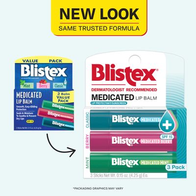 Blistex Medicated Balm Lip Protectant Lip Moisturizer SPF 15 Classic, Mint, Berry 3 Count