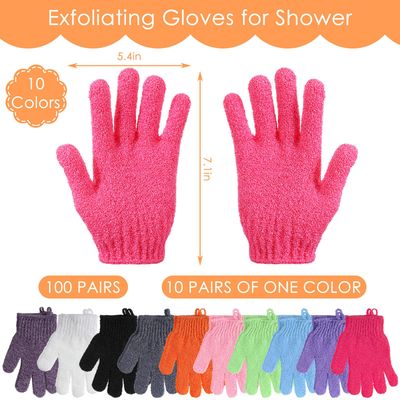 FoldTier 200 Pcs Exfoliating Gloves Bulk for Shower Body Double Sided Gloves Exfoliating Bath Mitt with Hanging Loop Bath Gloves for Women Men Bathing Skin Scrubber Accessories Beauty Spa, 10 Colors