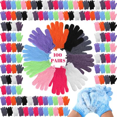 FoldTier 200 Pcs Exfoliating Gloves Bulk for Shower Body Double Sided Gloves Exfoliating Bath Mitt with Hanging Loop Bath Gloves for Women Men Bathing Skin Scrubber Accessories Beauty Spa, 10 Colors