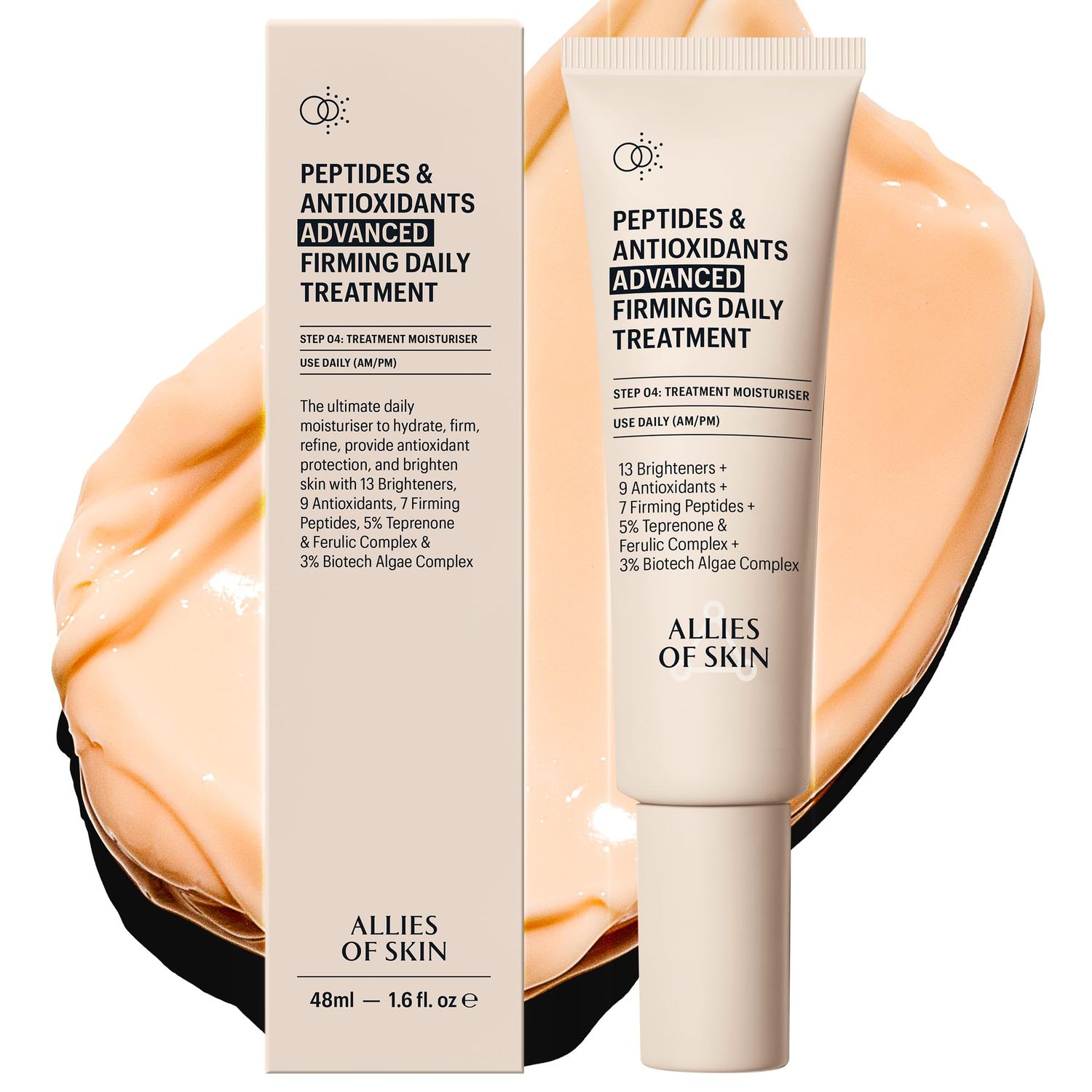 Allies of Skin Peptides &amp; Antioxidants Advanced Firming Daily Treatment with 13 Brighteners, 9 Antioxidants, 7 Firming Peptides, 5% Teprenone &amp; Ferulic Complex and 3% Biotech Algae Complex 48ml/1.6oz