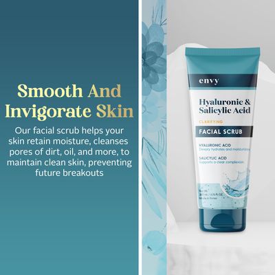 Envy Hyaluronic Acid &amp; Salicylic Acid Face Scrub - Hydrating, Moisturizing &amp; Anti-Aging Facial Exfoliating Scrub - Dermatologist Tested, Clean Beauty for All Skin Types - 6.76 Oz