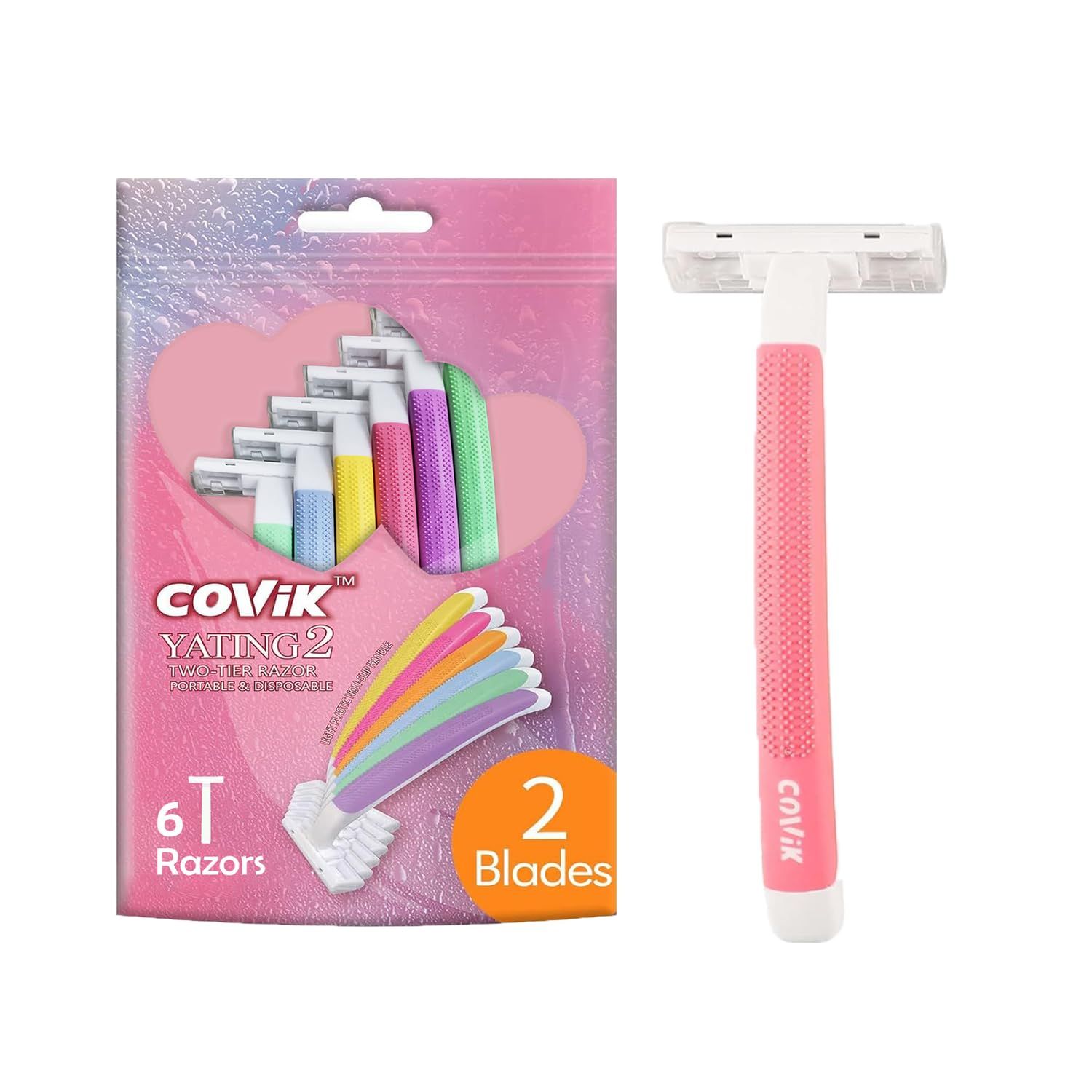 COVIK Women&#39;s Disposable Razors, 6 Count Shaving Razors for Women, Disposable Razors Women for Travel, 2 Blade Razor for Women Sensitive Skin Smooth Hair Removal (1 Packages of 6 Razors)