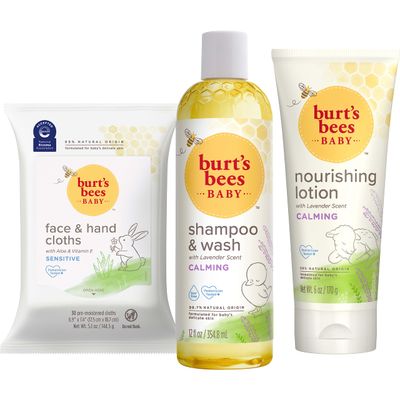 Burts Bees Baby Gift Set for Baby Showers, Includes Baby Shampoo and Wash, Baby Body Lotion, Baby Wipes and Cloths, naturally-derived Origin Skincare, 1-Pack