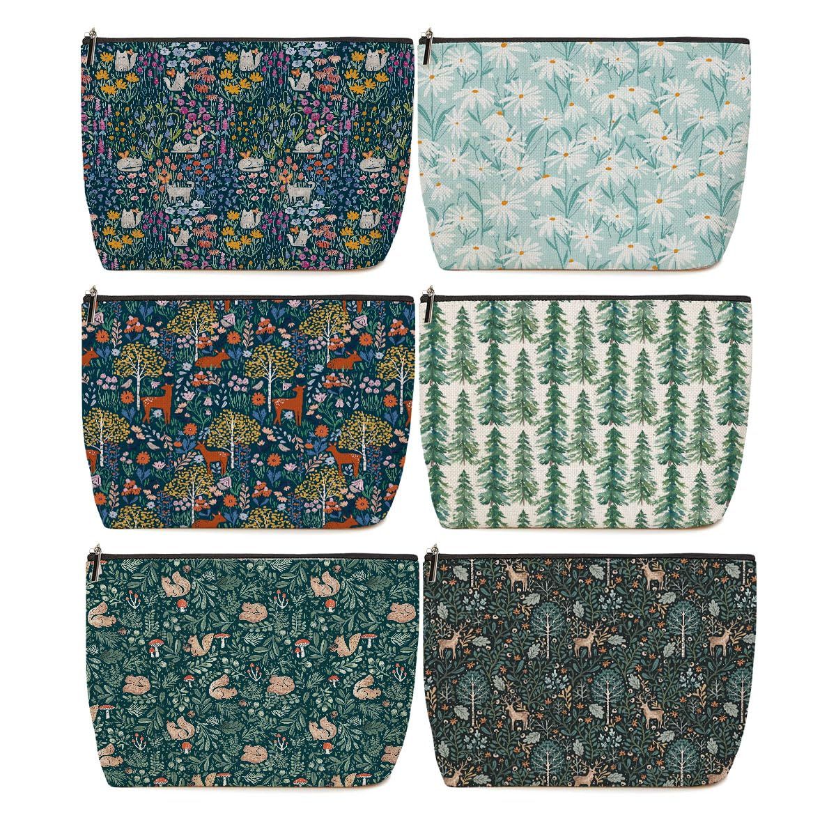 6 Pieces Makeup Bag Forest Deer Rabbit Floral Aesthetics Skincare Bag Travel Toiletry Bag Makeup Pouch Cosmetic Bag Christmas Friendship Gifts for Women Supervisor Girls Mom Friends Bestie Coworker