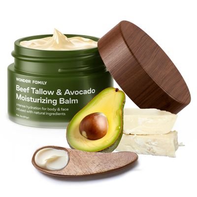 Grass Fed Beef Tallow for Skin and Face with Avocado Oil - Dry Skin Face Moisturizer for Men &amp; Women - Beef Tallow Moisturizer for Face &amp; Body - 1 Beef Tallow Balm for Face, 1 Wooden Spatula &amp; Bag