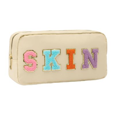 DYSHAYEN Nylon Cosmetic Bag Preppy Skin Care Bag Makeup Bag for Women Travel Toiletry Organizer with Chenille Letter Patches (Beige-SKIN)