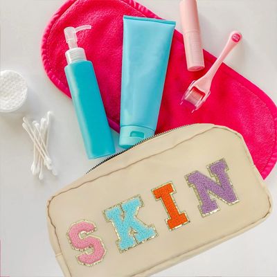 DYSHAYEN Nylon Cosmetic Bag Preppy Skin Care Bag Makeup Bag for Women Travel Toiletry Organizer with Chenille Letter Patches (Beige-SKIN)