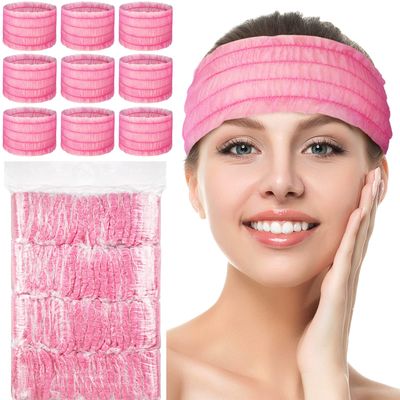 Chuangdi 100 Pieces Disposable Spa Headbands Soft Non-woven Facial Hair Band Elastic Facial Head Wraps Cloth Stretch Skin Care Makeup Sauna Washing Face Supplies for Women(Pink)
