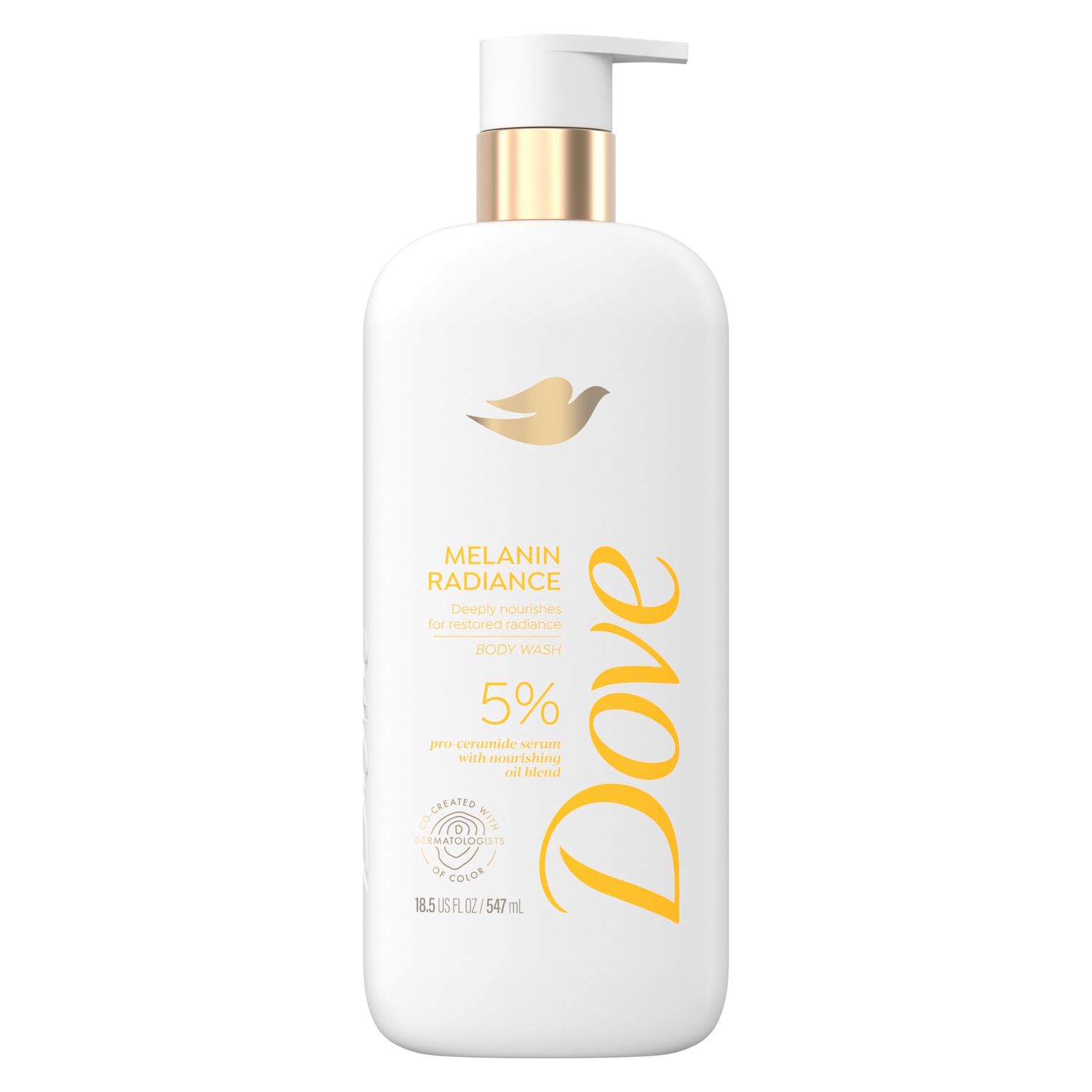 Dove Body Wash Melanin Radiance Nourishes for restored radiance 5% pro-ceramide serum with nourishing oil blend 18.5 oz