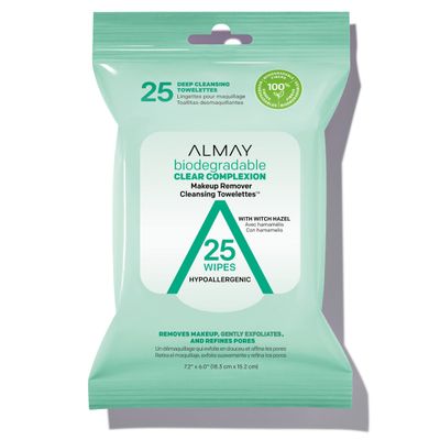 Almay Makeup Remover Cleansing Towelettes, Biodegradable Clear Complexion Wipes for Oily and Acne Prone Skin, Hypoallergenic, Cruelty- and Fragrance-Free, 25 Count