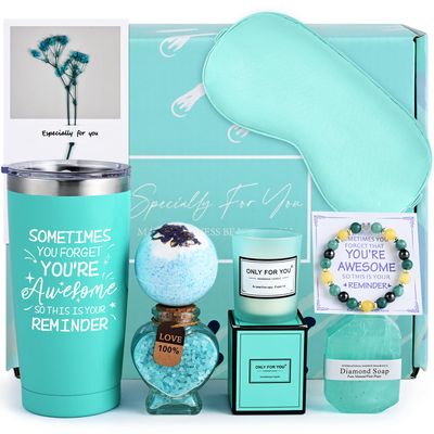 FRAMICS Spa Gifts for Women, Relaxing Spa Gift Baskets for Women, Bath Sets for Women Gift, Relaxing Gifts for Mom, Wife, Sister, Friends, Teacher, Nurse, Valentine&#39;s Day, Mother&#39;s Day, 8-Piece, Blue