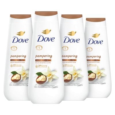Dove Body Wash 4 Count Pampering Shea Butter &amp; Vanilla for Renewed, Healthy-Looking Skin Gentle Skin Cleanser with 24hr Renewing MicroMoisture 20 oz