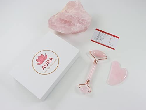 Aura - Live life beautifully Premium Certified Luxury 100% Authentic Rose Quartz Pink Roller &amp; Gua Sha Set for Anti-Aging Skin Care, Muscle Relaxation, Fine Line Reduction, and Eye Puffiness Relief