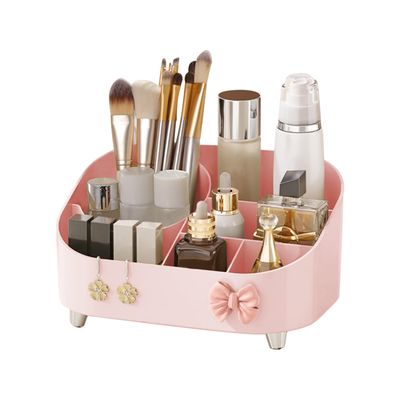 DASITON Makeup Organizer for Vanity with Makeup Brush Holder,Large Capacity Cosmetic Makeup Storage Organizer,Skincare Organizer for Bedroom Dresser Bathroom Countertop,Cosmetic Display Cases(Pink)