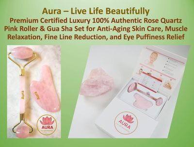 Aura - Live life beautifully Premium Certified Luxury 100% Authentic Rose Quartz Pink Roller & Gua Sha Set for Anti-Aging Skin Care, Muscle Relaxation, Fine Line Reduction, and Eye Puffiness Relief