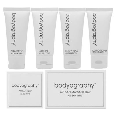 Bodyography Blanc Mini Travel Size Toiletries Bathroom Kit | Vanilla White Tea| Shampoo, Conditioner, Body Wash, Lotion, Artisan Soap and Massage Bar