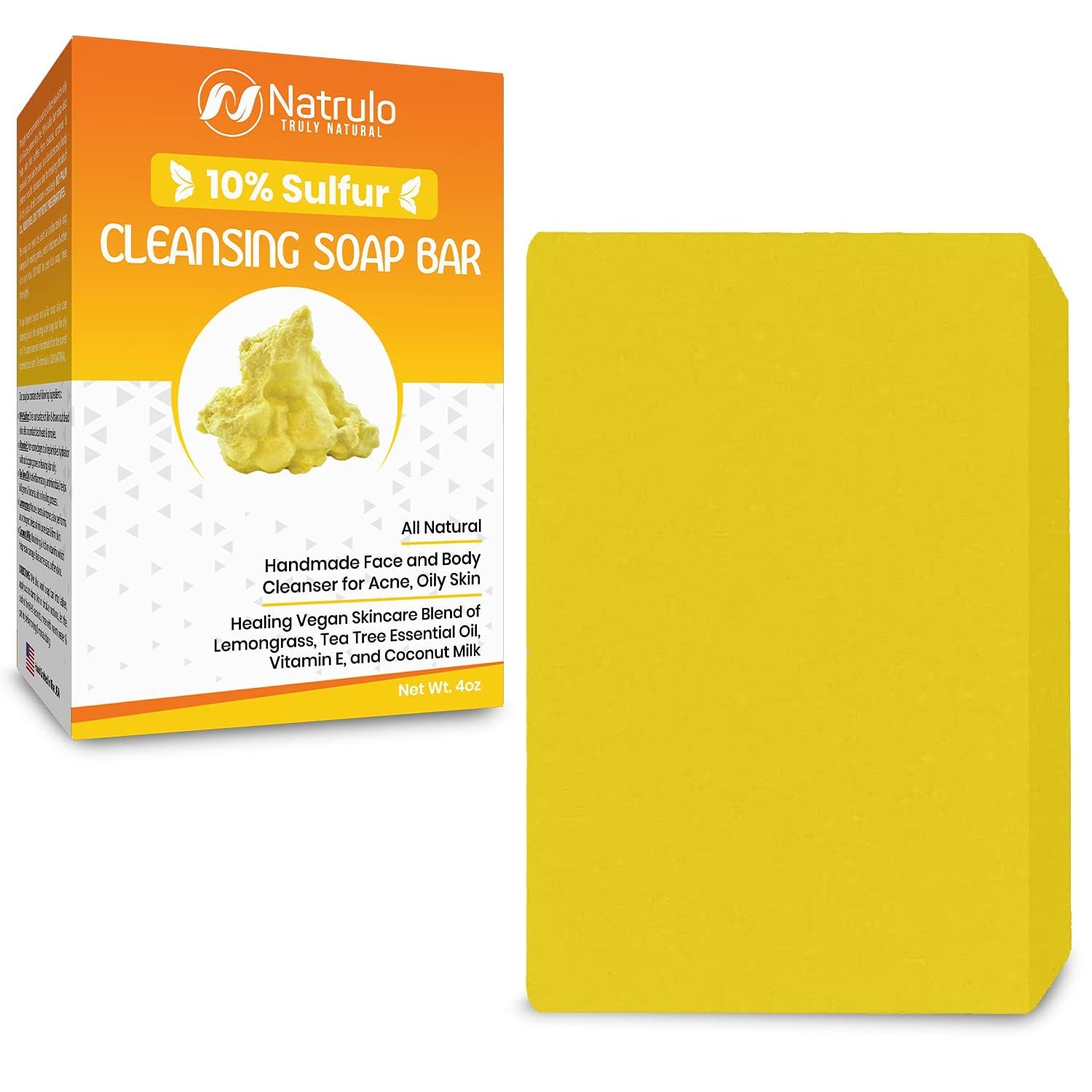 10% Sulfur Soap Cleansing Bar for Face &amp; Body - All Natural Facial Cleanser for Acne, Oily Skin - Healing Skincare Blend of Lemongrass, Tea Tree Essential Oil, Vitamin E, Coconut Milk - Made in USA