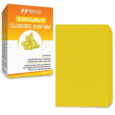 10% Sulfur Soap Cleansing Bar for Face &amp; Body - All Natural Facial Cleanser for Acne, Oily Skin - Healing Skincare Blend of Lemongrass, Tea Tree Essential Oil, Vitamin E, Coconut Milk - Made in USA