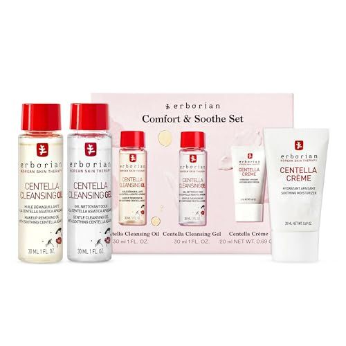 Erborian Centella Routine Travel Kit with Facial Cleansing Oil Makeup Remover (1 fl oz), Facial Cleansing Gel (1 fl oz) &amp; Face Moisturizer Cream (20 ml) - Skin Care for Hydrated &amp; Fresh-Looking Skin