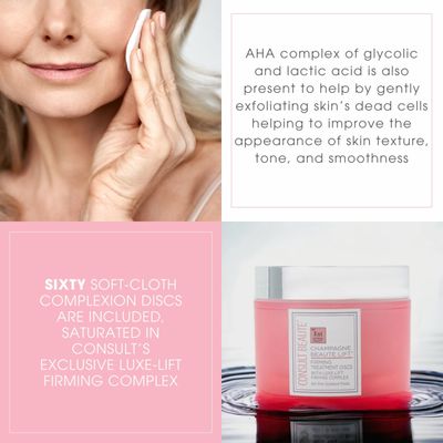 Consult Beaute - Champagne Lift Face Firming Treatment Disc - Firming and Exfoliating Pads - Rejuvenate Sagging Skin - Pre-Soaked Wipes - Disposable Wipes - Peptides - Grape Seed Extract - 60 Count