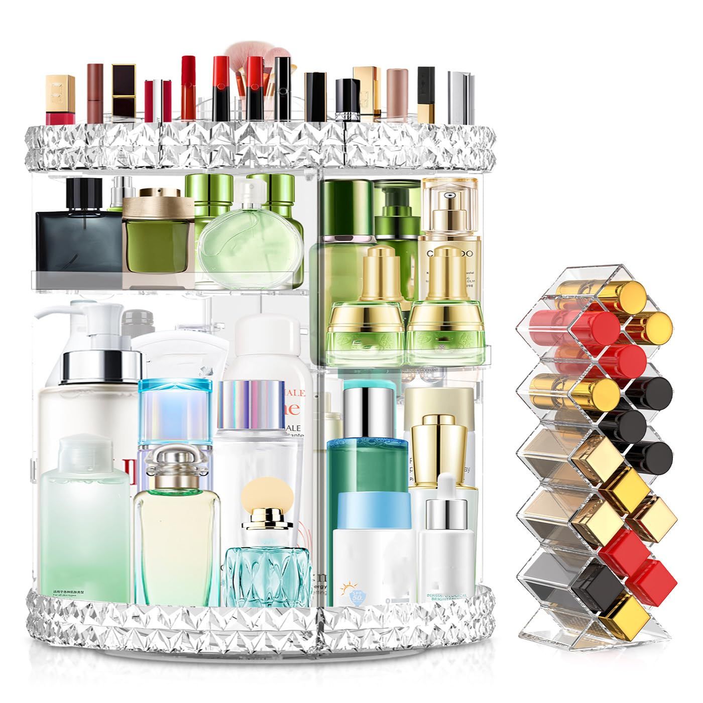 360 Rotating Makeup Organizer Acrylic Perfume Organizer DIY Detachable Shelves Spinning Cosmetic Display Case Suits Various Skin Care Products with Lipstick Organizer