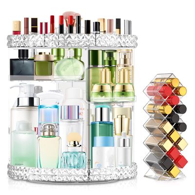 360 Rotating Makeup Organizer Acrylic Perfume Organizer DIY Detachable Shelves Spinning Cosmetic Display Case Suits Various Skin Care Products with Lipstick Organizer