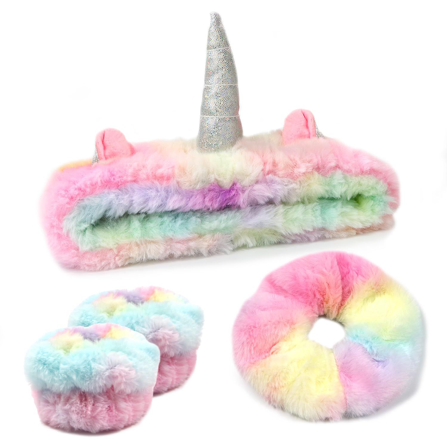 Face Wash Headband, Skincare Headband Wrist Bands For Washing Face Set Spa Hair Bands come with a Hair Scrunchie, Cute Rainbow Unicorn Elastic Headband, For Face Washing Makeup Skincare (Rainbow)