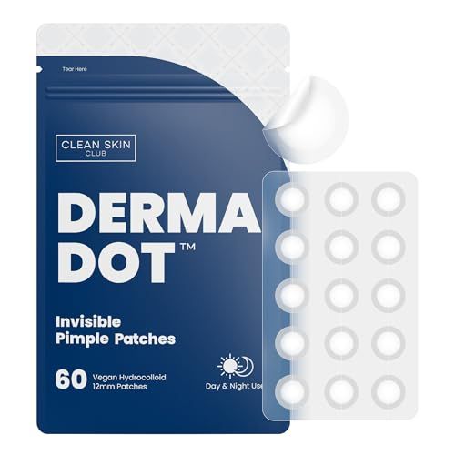 Clean Skin Club 60 Invisible Vegan Pimple Patches, Derma Dot Hydrocolloid for Covering Zits, Blackhead, Blemish, Absorbing Face Cover Sticker, Skincare Treatment, Non Toxic Ingredients