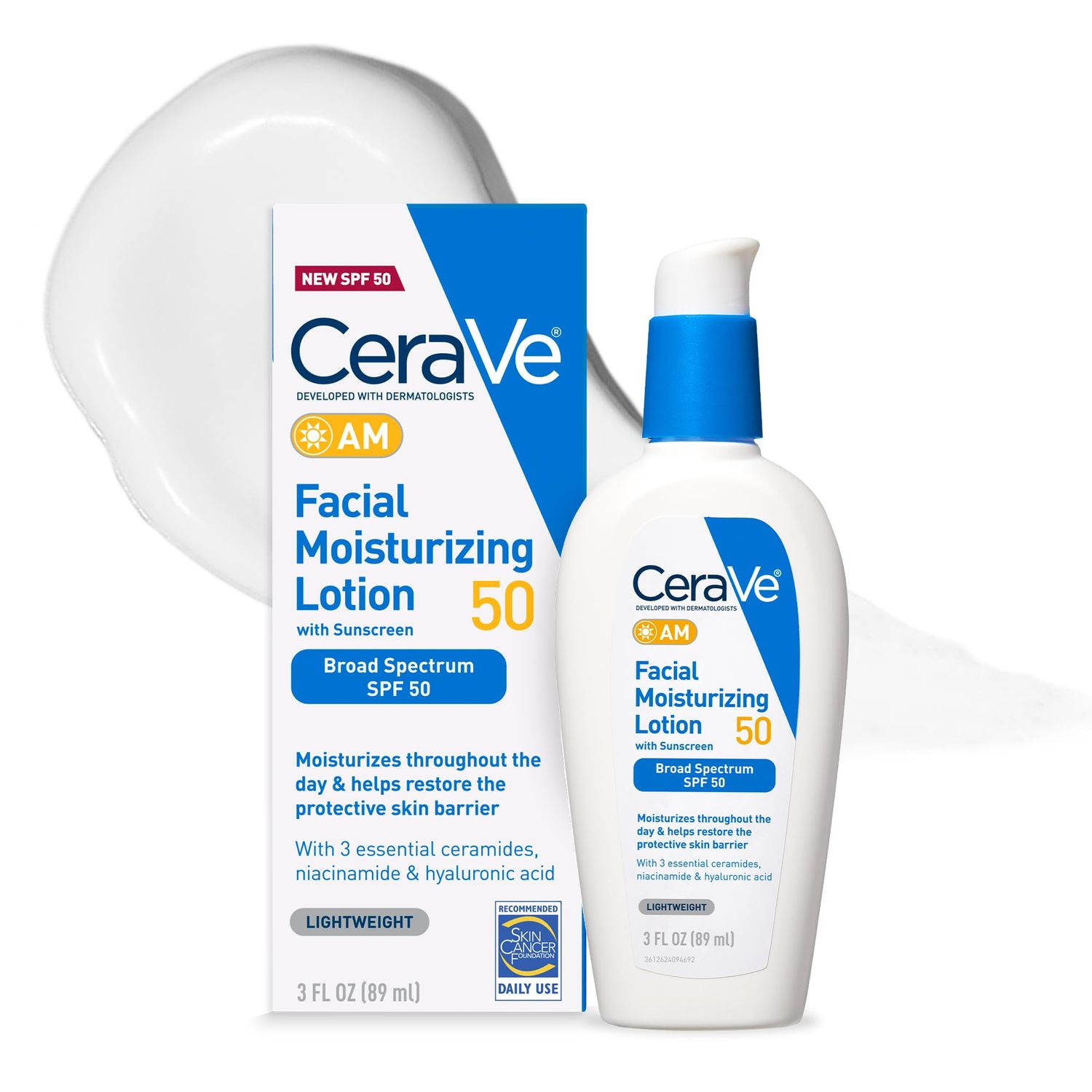 CeraVe AM Facial Moisturizing Lotion SPF 50, Face Moisturizer with SPF, Hyaluronic Acid, Niacinamide &amp; Ceramides, Non-Greasy, Blends Seamlessly With No White Cast, Non Comedogenic Sunscreen, 3 Oz