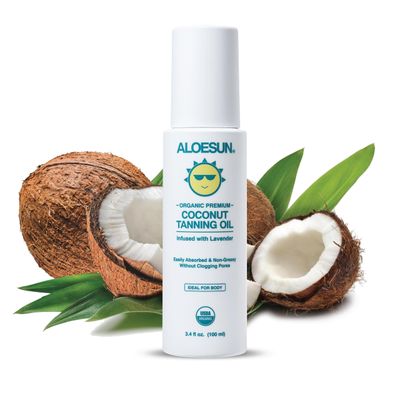 ALOESUN Organic Coconut Tanning Oil Spray Infused with Organic Lavender Oil | Natural Deep Tanning Accelerator | Moisturizing &amp; Hydrating Tan | Non-Greasy | Vegan &amp; Cruelty-Free | Travel Size 3.4 Oz