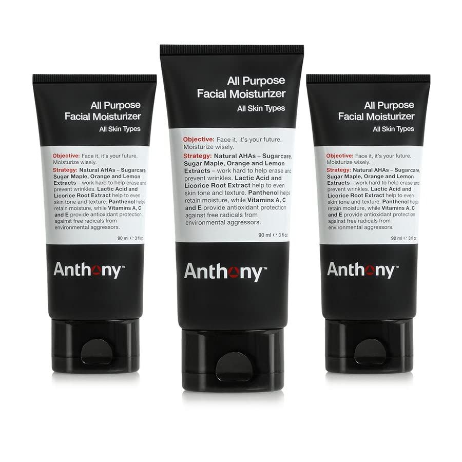 Anthony All-Purpose Facial Moisturizer - Mens Hydrating Lotion for Dry Skin - Lightweight, Non-Comedogenic, Anti-Aging Formula - 3 Fl Oz - Pack Of 3