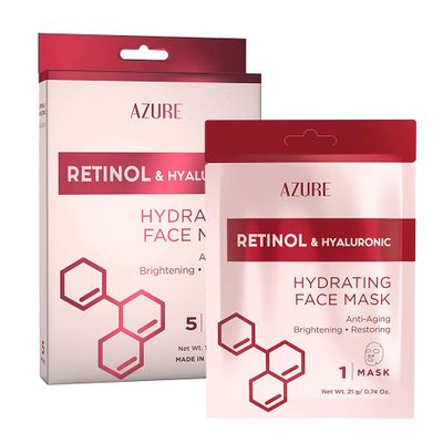 AZURE Retinol &amp; Hyaluronic Acid Anti Aging Facial Sheet Mask - Rejuvenating &amp; Hydrating Face Mask - Helps Reduce Fine Lines &amp; Wrinkles, Smooths &amp; Repairs - Skin Care Made in Korea - 5 Pack