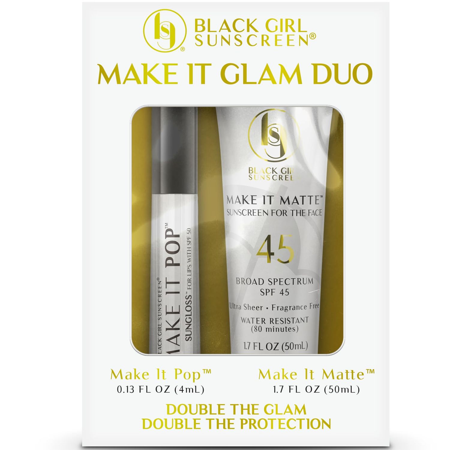 BLACK GIRL SUNSCREEN - Face &amp; Lip Sunscreen Make It Glam Duo - 1 SPF 45 Make it Matte Clear Sunscreen for Face &amp; 1 Make it Pop SPF 50 Sungloss for Protected Poppin&#39; Lips