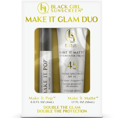 BLACK GIRL SUNSCREEN - Face &amp; Lip Sunscreen Make It Glam Duo - 1 SPF 45 Make it Matte Clear Sunscreen for Face &amp; 1 Make it Pop SPF 50 Sungloss for Protected Poppin&#39; Lips