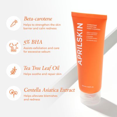 Aprilskin Carrotene Clarifying Foam Cleanser - Deep Cleansing with BHAs &amp; Sebum Control for Oily, Sensitive, Acne-Prone Skin - 120ml - Vegan, Cruelty Free