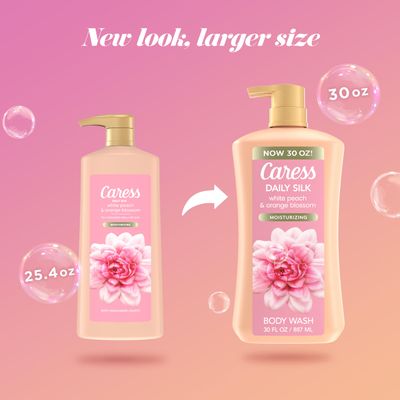 Caress Body Wash for Women with Pump, Daily Silk White Peach & Orange Blossom, Shower Gel Body Wash Moisturizing for Noticeably Silky, Soft Skin, 30 fl oz, 4 Pack