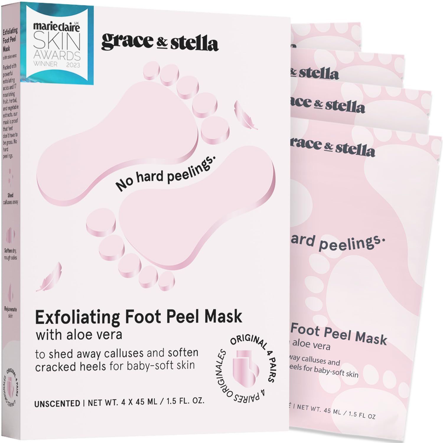 grace &amp; stella Award-Winning Foot Peeling Mask - Foot Peel Masks with Aloe Vera- Moisturizing Foot Masks That Remove Dead Skin, Exfoliating Foot Mask for Dry Cracked Feet (4 Pairs, Unscented)