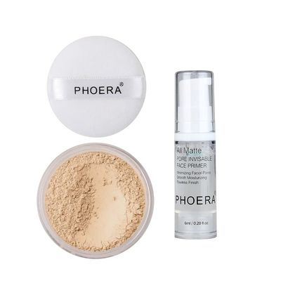 2 Pcs PHOERA Setting Powder and Face Primer, Control Oil Brighten Skin Color Cover Face Setting Loose Powder (02 Cool Beige + makeup primer)