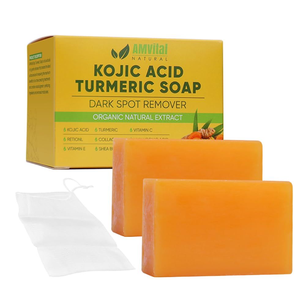 AMVital Turmeric Kojic Acid Soap Bars with Vitamin C, Retinol, Collagen, Hyaluronic Acid, Shea Butter - Kojic Acid and Turmeric Soap for Dark Spots - Turmeric Kojic Acid Cleansing Soap (2 Pack)