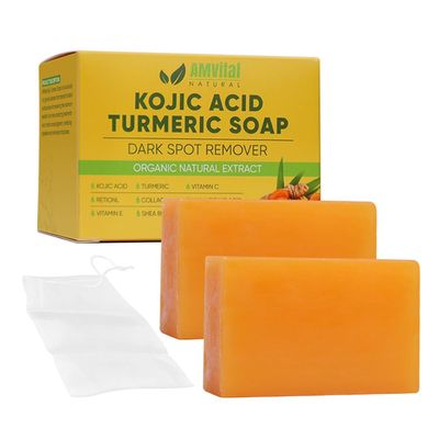 AMVital Turmeric Kojic Acid Soap Bars with Vitamin C, Retinol, Collagen, Hyaluronic Acid, Shea Butter - Kojic Acid and Turmeric Soap for Dark Spots - Turmeric Kojic Acid Cleansing Soap (2 Pack)
