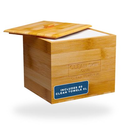 Clean Skin Club Luxe Bamboo Box with Cover &amp; Towels XL, Face Towel, Disposable Makeup Remover Dry Wipes, Facial Wash