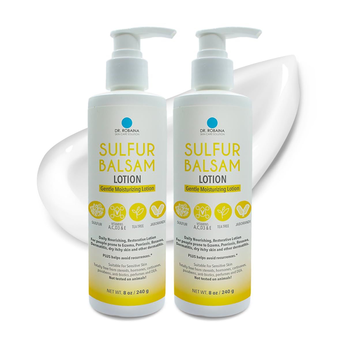 Dr. Robaina Sulfur Balsam Lotion - Daily Moisturizing Lotion for Eczema and Psoriasis Relief - Soothes Redness, Hydrates Sensitive Skin - Natural Ingredients - Made in the USA (Pack of 2)