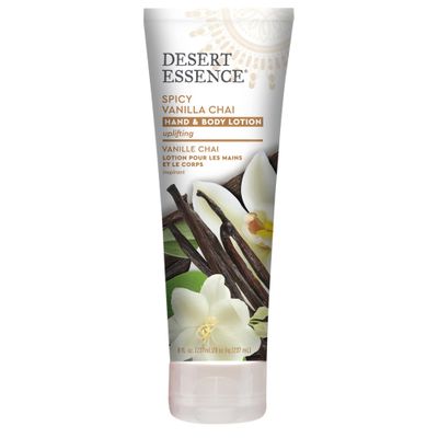 Desert Essence Spicy Vanilla Chai Hand &amp; Body Lotion, Uplifting, Smoothes &amp; Softens Skin, No Greasy Residue, Aloe Vera, Shea Butter, Vitamin E, 8 Fl Oz