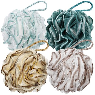 DadyMart Bath Shower Loofah Sponge 60g Bath Mesh Pouf Shower Ball Body Scrubber Exfoliating Bath Sponge for Women and Men, Set of 4 (Colorful Gold)