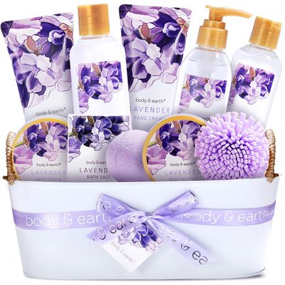 BODY &amp; EARTH Gift Baskets For Women 11 Pcs Lavender Spa Gifts For Women with Bubble Bath Body Lotion Sets, Bath and Body Gifts Set For Women Christmas Gifts for Women Spa Gift Sets