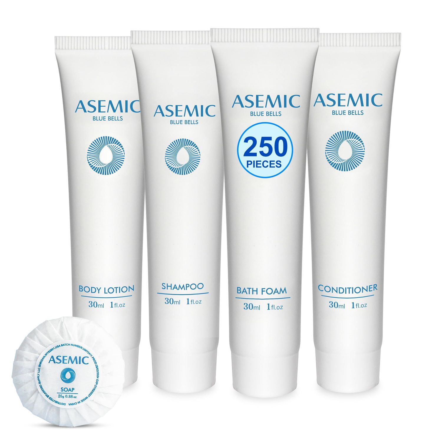 ASEMIC Hotel Collection Kit Contains 250 Pieces Total. 50-1 OZ Tubes of Shampoo, Conditioner, Bath Foam and Body Lotion. 50 Bars of 1oz Soap. Blue Bell Scent.