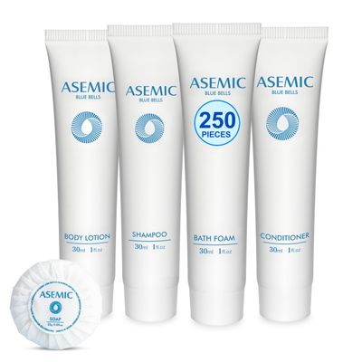 ASEMIC Hotel Collection Kit Contains 250 Pieces Total. 50-1 OZ Tubes of Shampoo, Conditioner, Bath Foam and Body Lotion. 50 Bars of 1oz Soap. Blue Bell Scent.