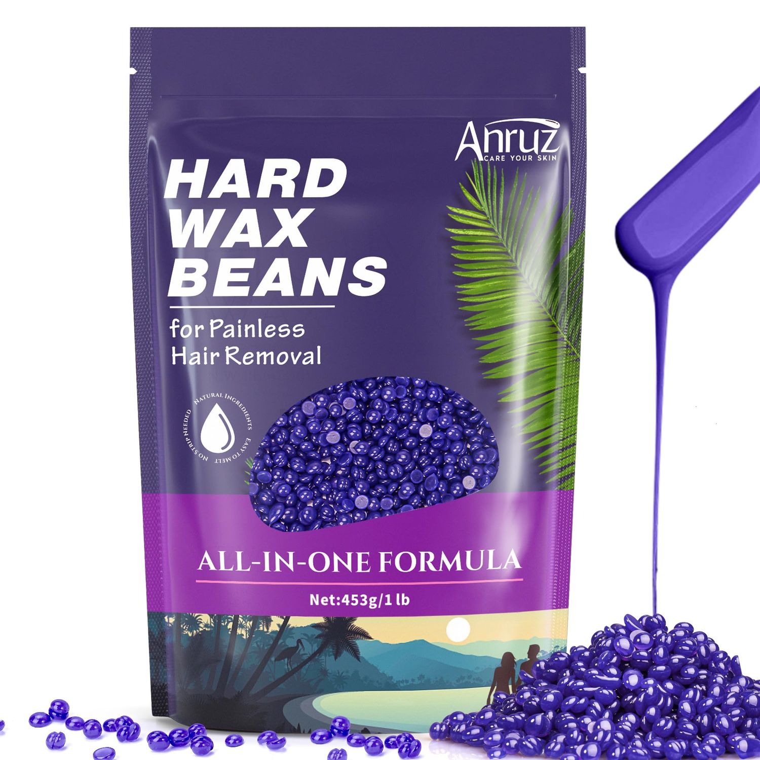 Anruz Hard Lavender Wax Beads (1lb) - Professional Hair Removal for Brazilian Bikini, Legs, Underarms, Chest - Home Waxing for Any Warmer