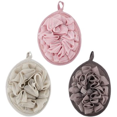 Boao 3 Pcs Bath Shower Pouf Sponge Mesh Pouf Shower Ball Exfoliating Body Sponge Pad Shower Scrubber Ball Shower Glove with Flower Bath Ball (Khaki,Dark Brown,Dark Pink)